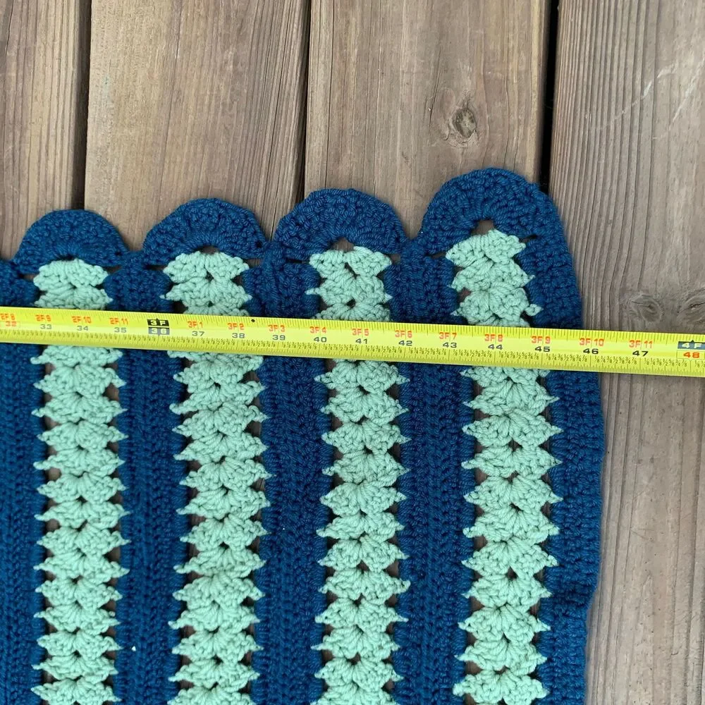 Vintage Crocheted Afghan Blanket Navy Blue Muted Green 65” x 46” Rounded Ends
